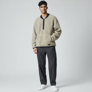 Levi 1/4 Zip Faux Sherpa Trucker Jacket. Mens Beige with Black Trim. Medium #366